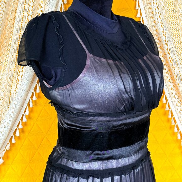 Vintage Y2K Dark Coquette 100% Silk Sheer Black & Pink Milkmaid Dress Size M - Picture 6 of 17